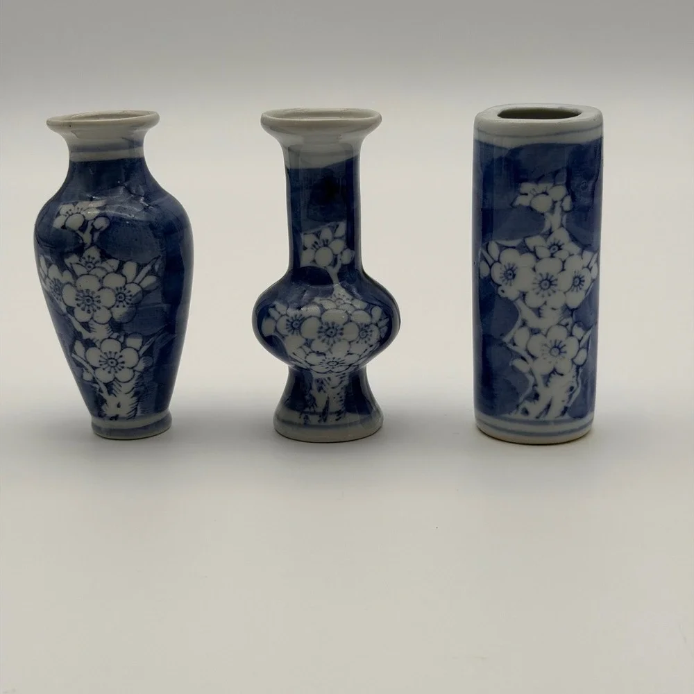 Set of 3 Blue and White Porcelain Miniature Bud Vases Cherry Blossom Floral